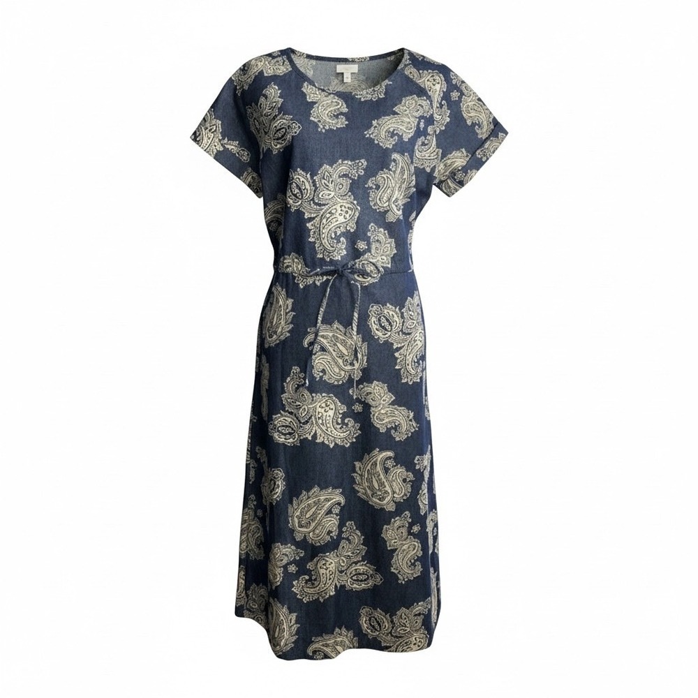 Cotton Denim Midi Dress Women's Medium Blue Paisley Pockets Boho